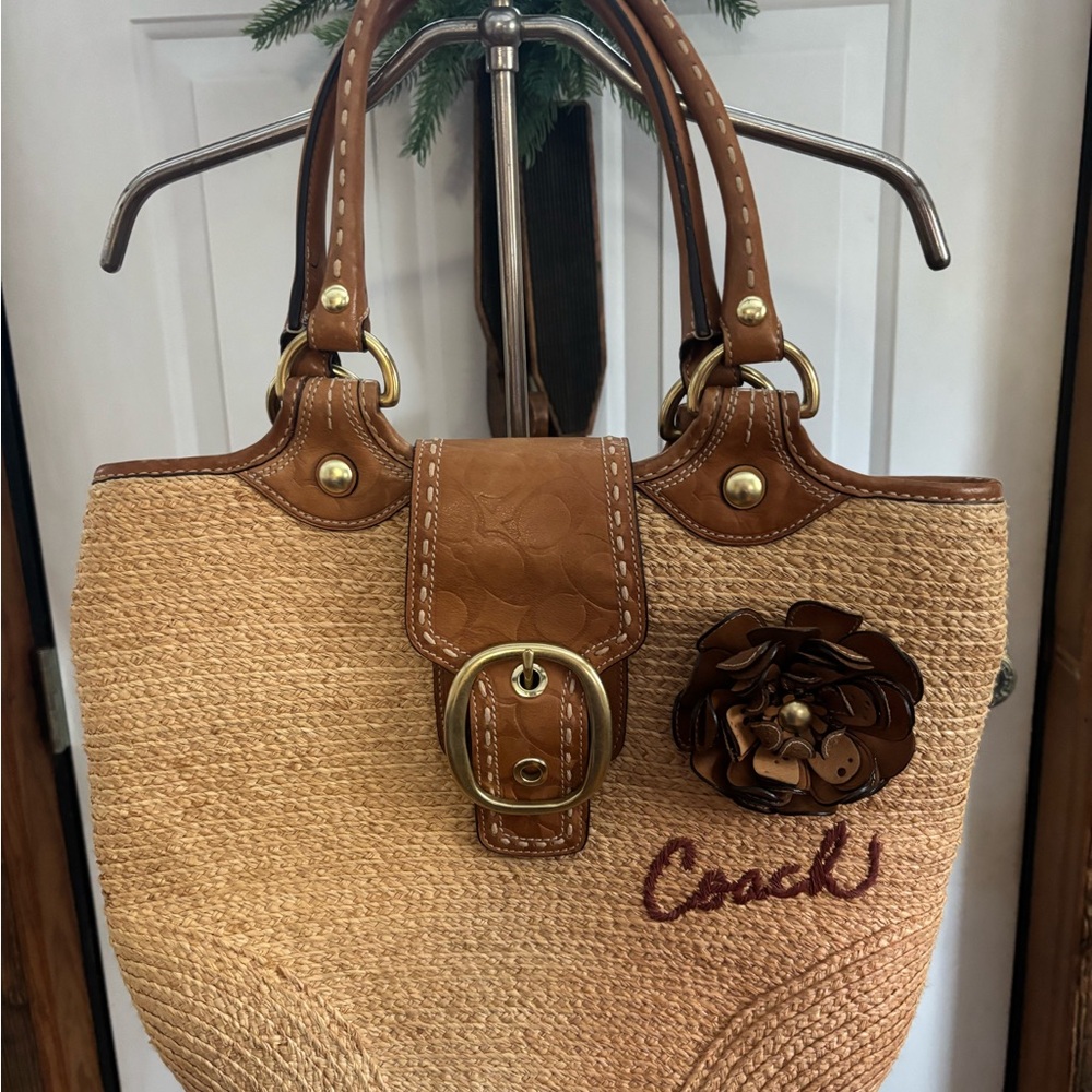 Coach Tan and Brown Tote with Leather Trim and Flower Detail